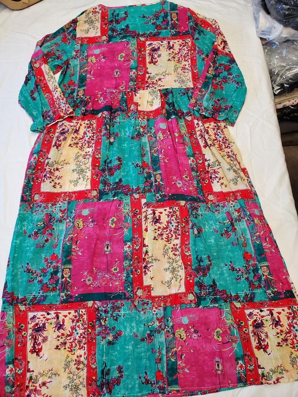Boho Patchwork Floral Maxi Dress 5XL Teal Pink Chinoiserie Long Sleeve Babydoll